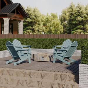 28 in. 5-Piece Metal Patio Fire Pit Set Fire Pit Table and Blue Adirondack Chairs with Cup Holder and Umbrella Holder