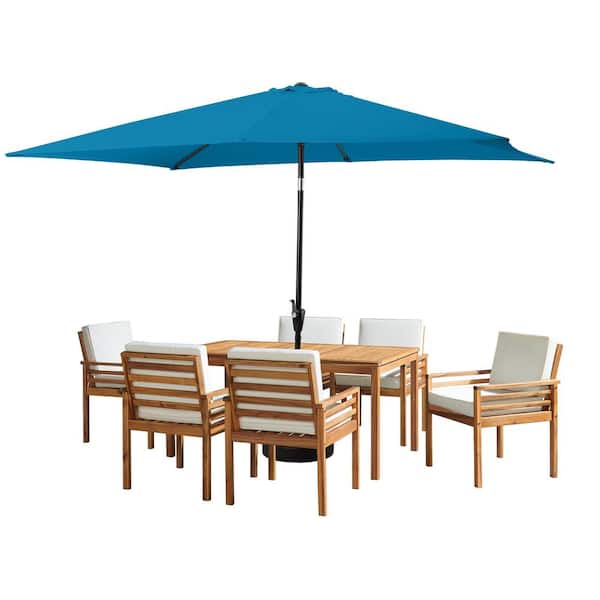 Alaterre Furniture 8-Piece Set, Okemo Wood Outdoor Dining Table Set with 6 Chairs, Cushions, 10 ft. Rectangular Umbrella Turquoise