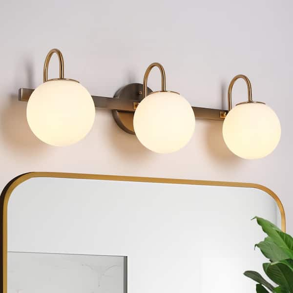 24.8 in. Modern Brushed Gunmetal Grey Bathroom Vanity Light 3-Light Brass Wall Sconce with Milky White Glass Globes