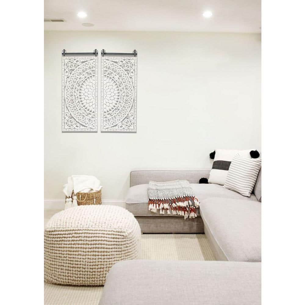 Distressed Ivory White Wood Floral Wall Art Set with Iron Bar