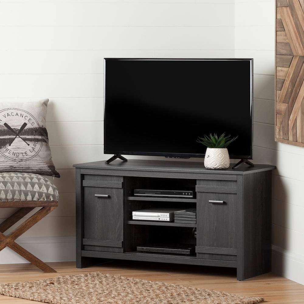 Modern Gray Oak Corner TV Stand with Fireplace and Cabinet