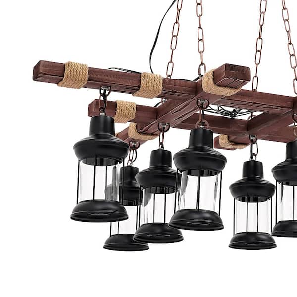 OUKANING 39 in. 8-Light Vintage Industrial Brown Wooden Farmhouse