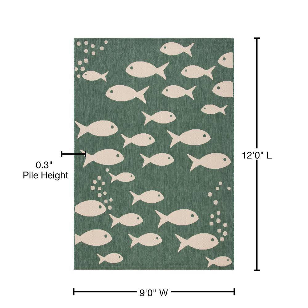 Dark Green and Ivory Fish Pattern Rectangular Synthetic Rug, 9' x 12'