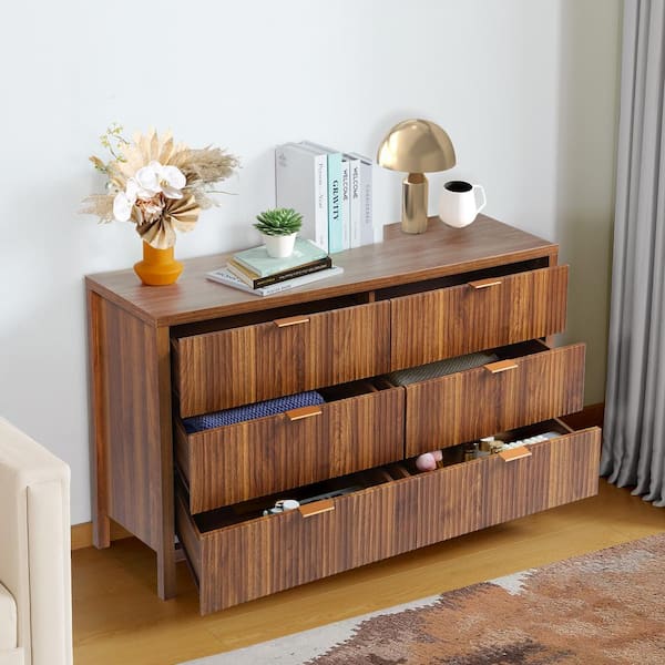 ATHMILE Walnut Wooden 6 Drawer Nightstand Long-Side Cabinet