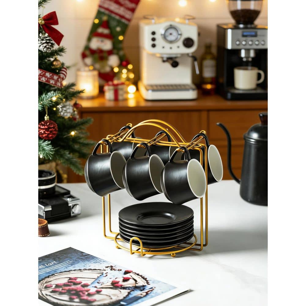 Wudkey Espresso Cups with Saucers and Metal Stand, 4 oz. Ceramic