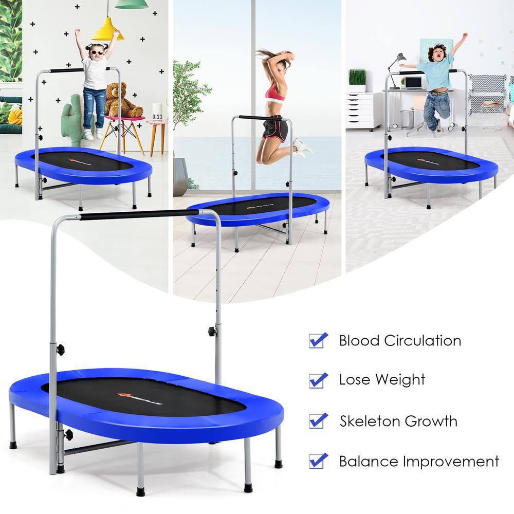 Blue Oval Foldable Fitness Trampoline with Adjustable Handrail