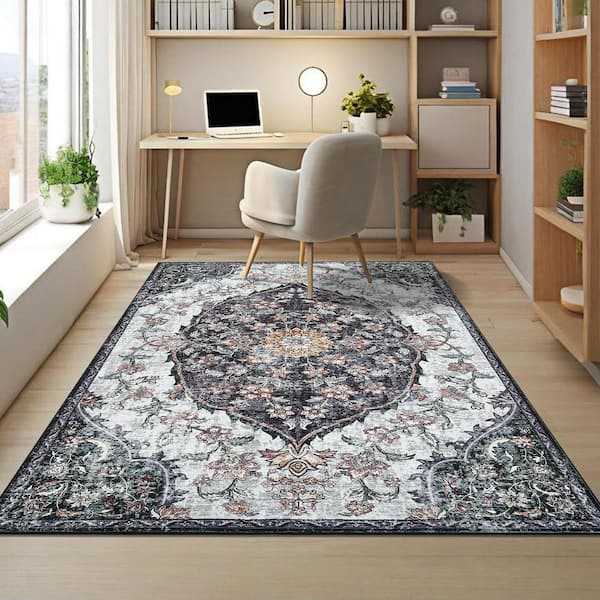 Vintage Printed Rug Low Pile Non-Slip Thin Carpet Living Room Decorative Carpet for Bedroom Kitchen Black，5X7ft