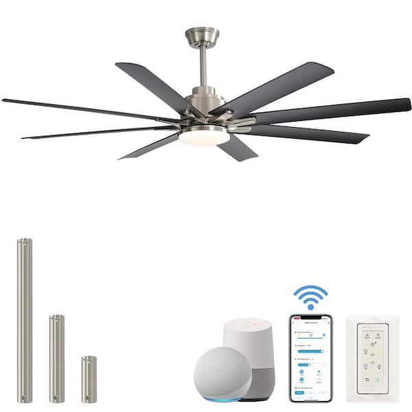 CACI Mall 66 in. Smart Integrated LED Indoor Silver Ceiling Fan with Black Blades, Light Kit and Remote Control