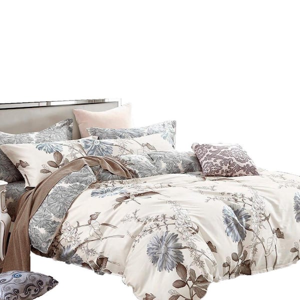 Unbranded 3-Piece Cream and Blue Gray Knot Daisy Silhouette Cotton King Duvet Cover Set