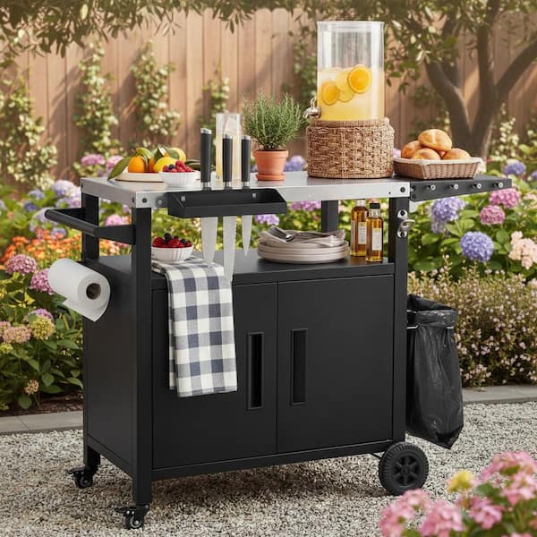 Metal Outdoor Grill Cart Kitchen Island with Foldable Table