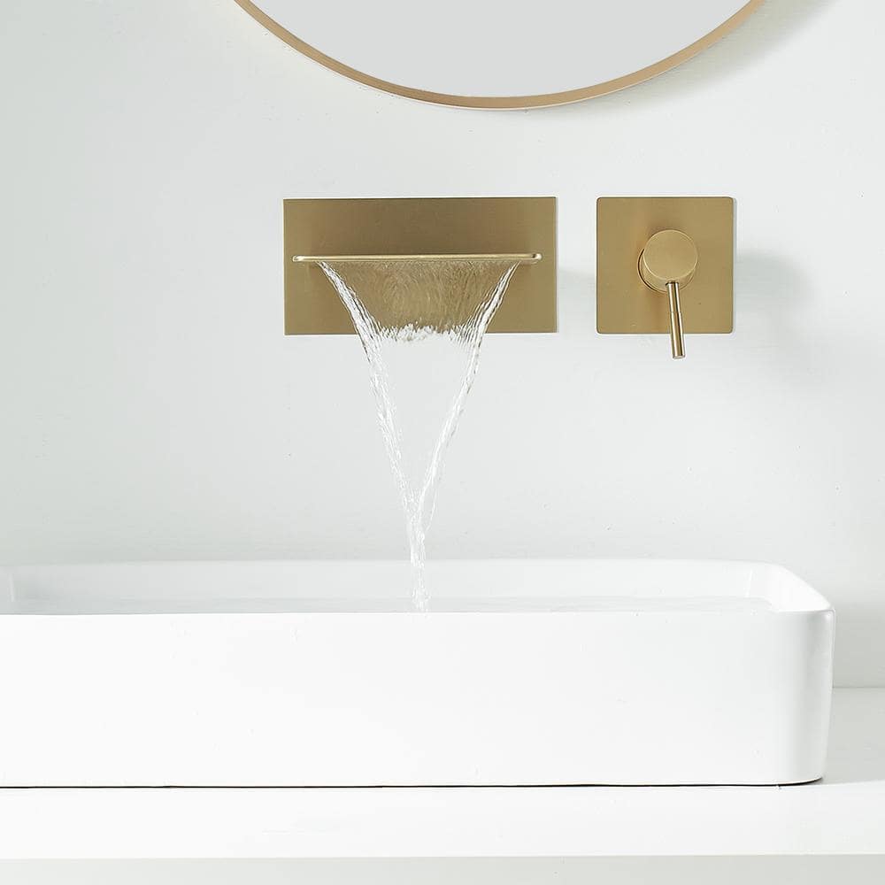 Brushed Gold Wall-Mount Single-Handle Bathroom Faucet with Shelf