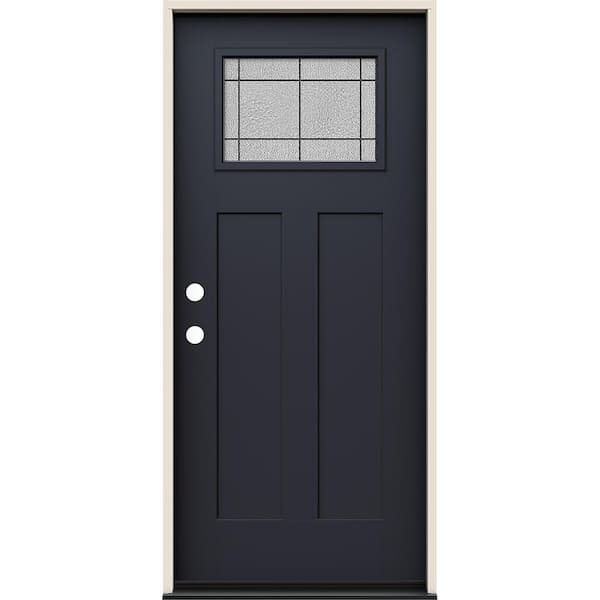 JELD-WEN 36 in. x 80 in. Right-Hand 1/4 Lite Craftsman Dilworth Decorative Glass Black Fiberglass Prehung Front Door