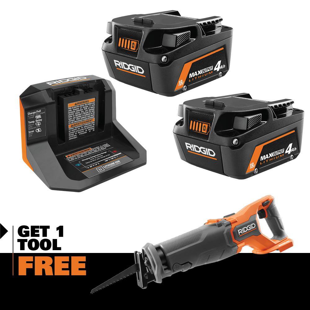 RIDGID 18V Starter Kit with (2) 4.0 Ah MAX Output Batteries and Charger with FREE Brushless Reciprocating Saw