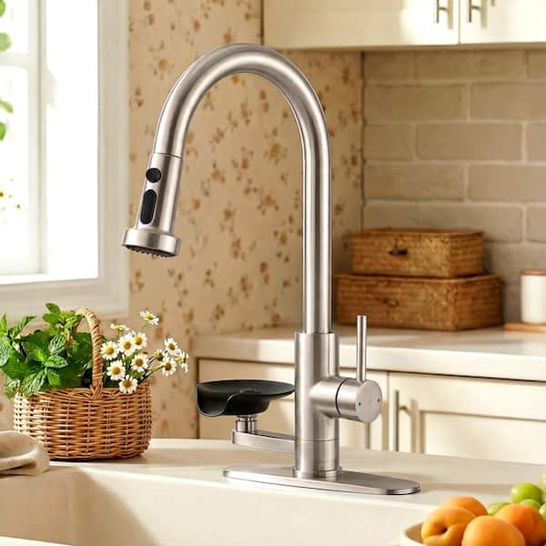 17.7 in. Single-Handle 3-in-1 Kitchen Faucet with Pull-Down Sprayer and Press-Type Glass Rinser in Brushed Nickel
