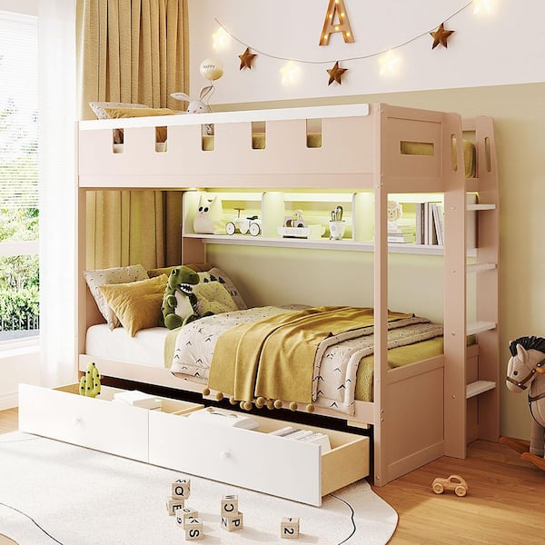 Harper & Bright Designs Castle-Inspired White Twin Over Twin Bunk