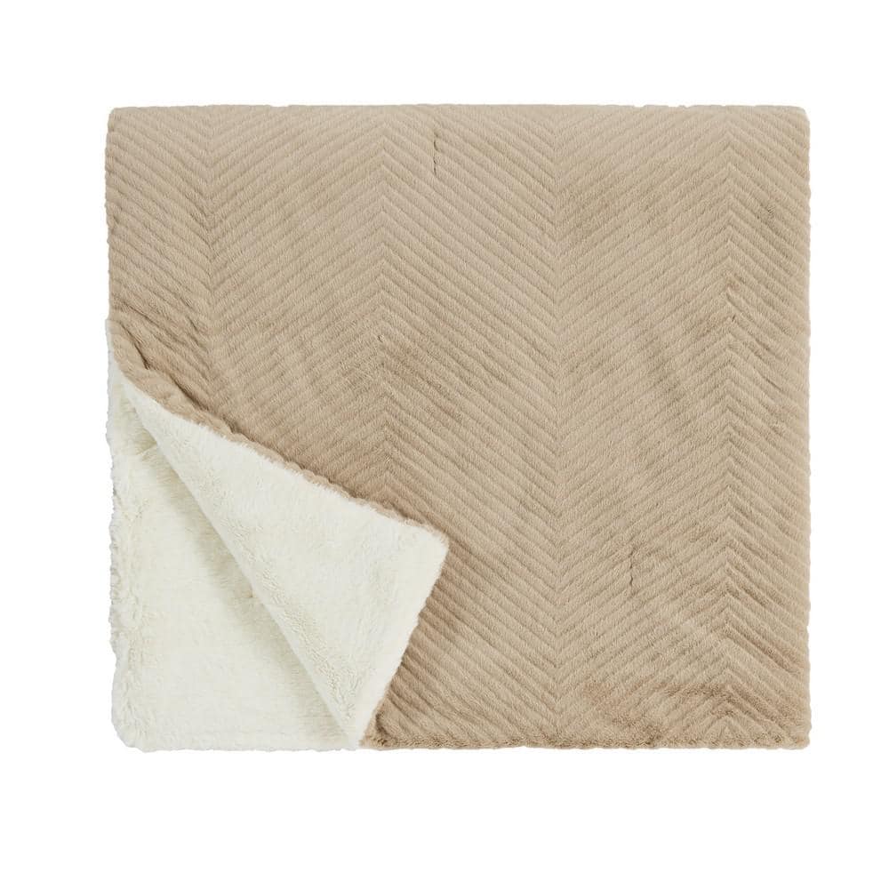 Beige Chevron Sherpa Faux Fur Reversible Throw Blanket 50x70