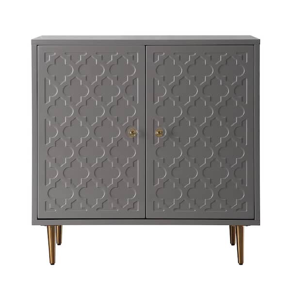 Boyel Living 2-Door Gray Pattern High Gloss with Ready to Assemble Brushed Golden Leg Accent Cabinet