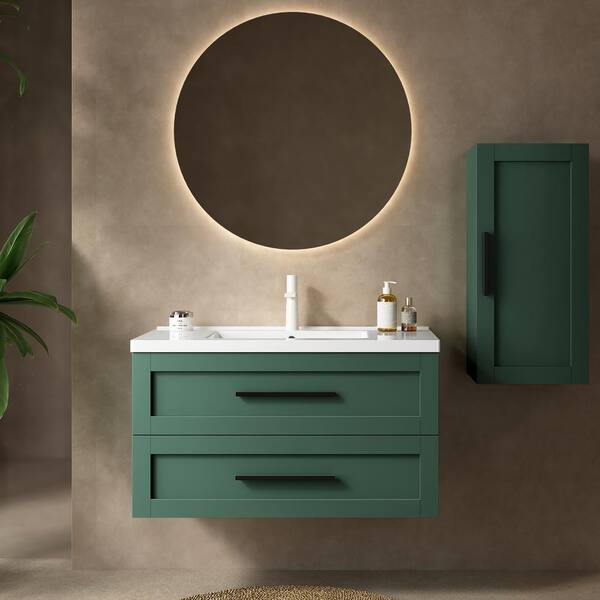 FAMYYT 36 in. Single Sink Floating Green Bath Vanity with White