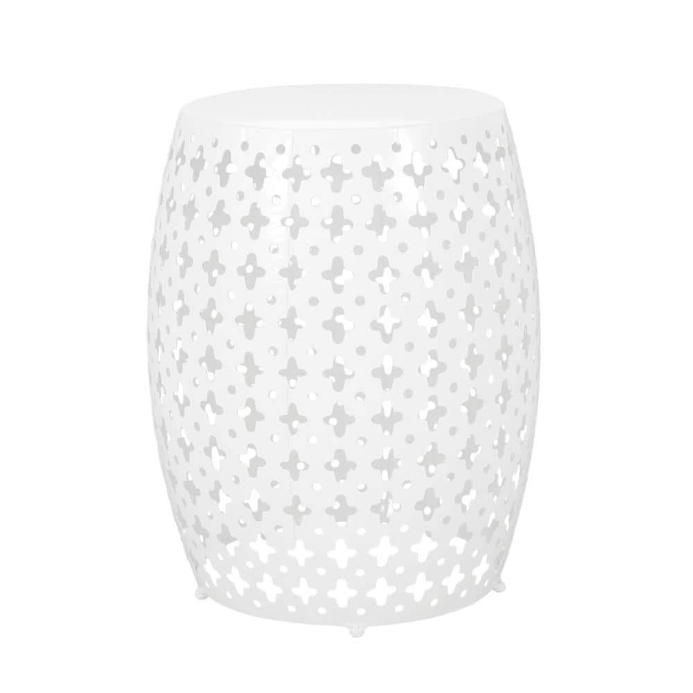 White Round Outdoor End Table with Iron Cut Design