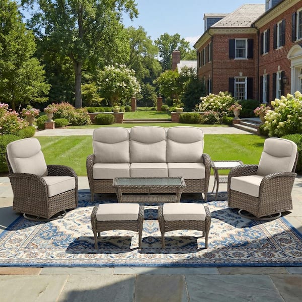 Goyal Brown 7-Piece Wicker Patio Conversation Sofa Seating Set with Swivel Rocking Chairs and 6 in. Beige Cushions