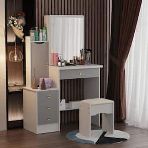 4-Drawers Gray Wood Makeup Vanity Table Stool Set Rectangle Mirror with Storage Shelves
