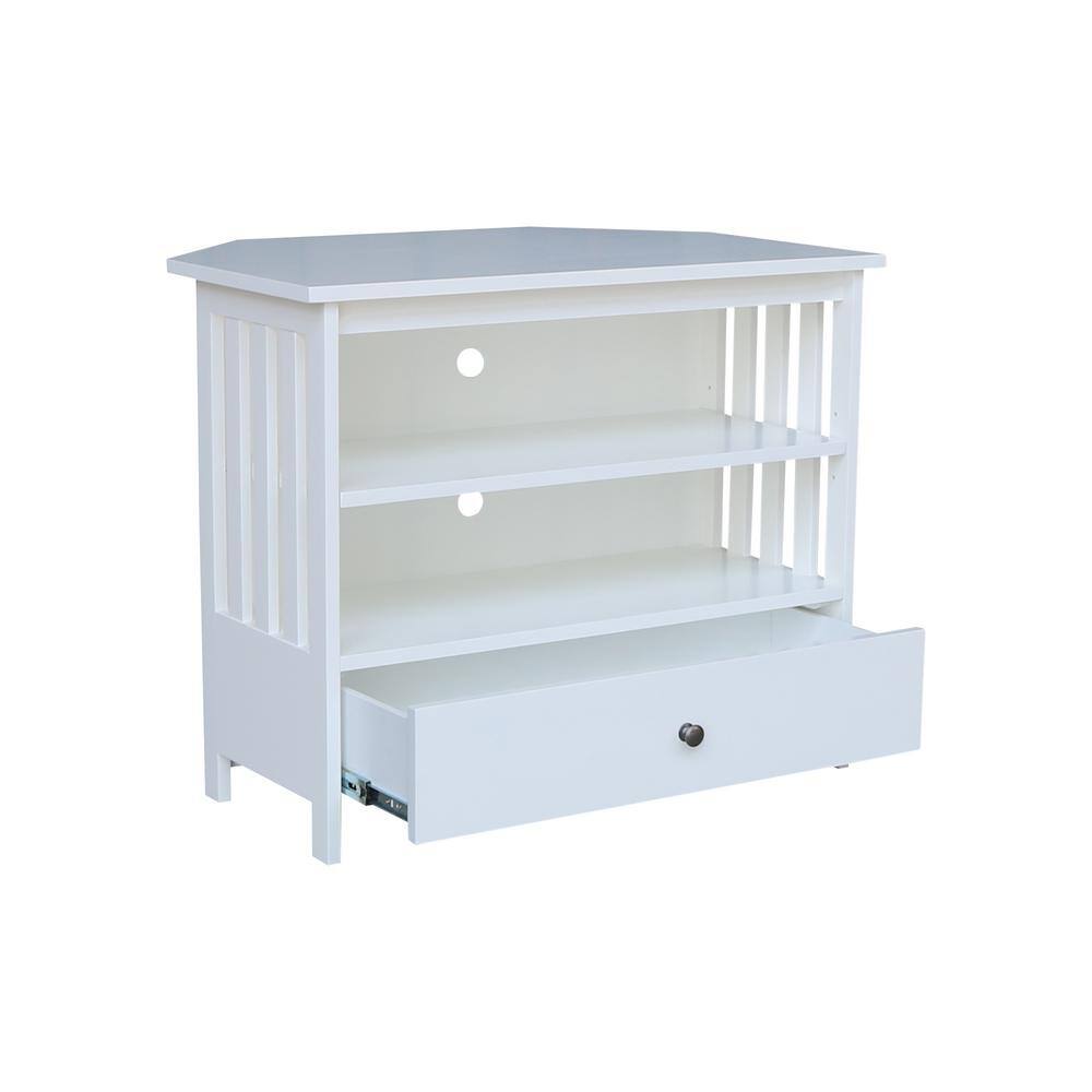 White Solid Wood Corner TV Stand with Shelves and Drawer