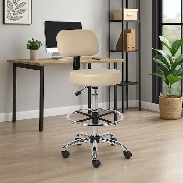 Fea Vinyl Padded Seats Ergonomic Office Stool in Beige, Chrome and Black