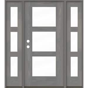 Modern 64 in. x 80 in. 3-Lite Right-Hand/Inswing Clear Glass Malibu Grey Stain Fiberglass Prehung Front Door w/DSL