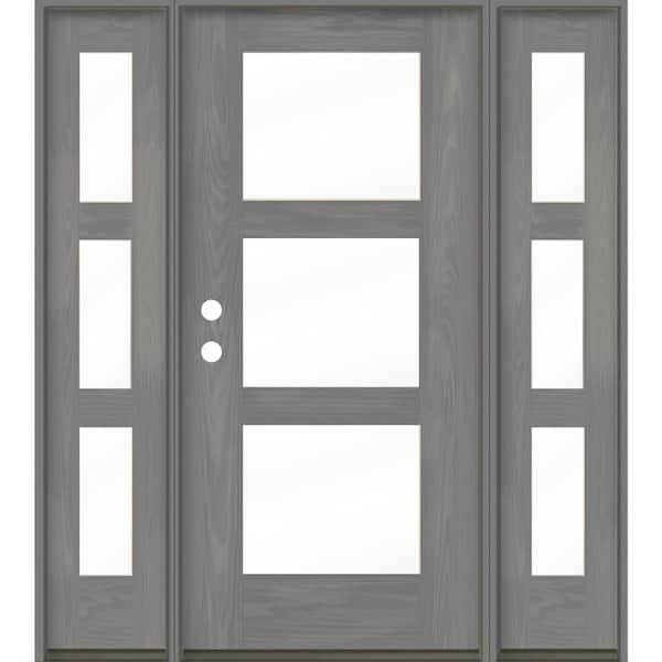 Krosswood Doors Modern 64 in. x 80 in. 3-Lite Right-Hand/Inswing Clear Glass Malibu Grey Stain Fiberglass Prehung Front Door w/DSL