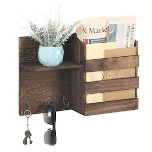 Brown Wall Mounted Wooden Mail Sorter Organizer with 3-Key Hooks Rustic Floating Shelf