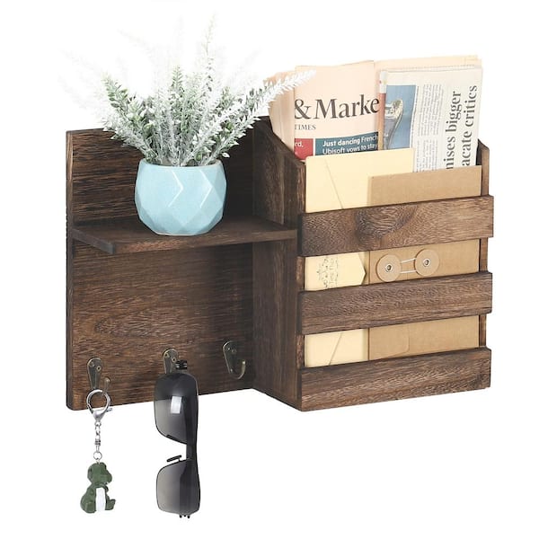Key Hooks Rustic Floating Shelf, Wooden Mail Wall Organizer