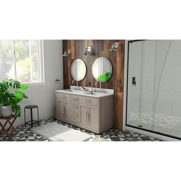 Dexterity 60 in. W x 22 in. D x 34 in . H Oak Vanity with Rectangular Undermount Sinks - Gray Oak with White Top