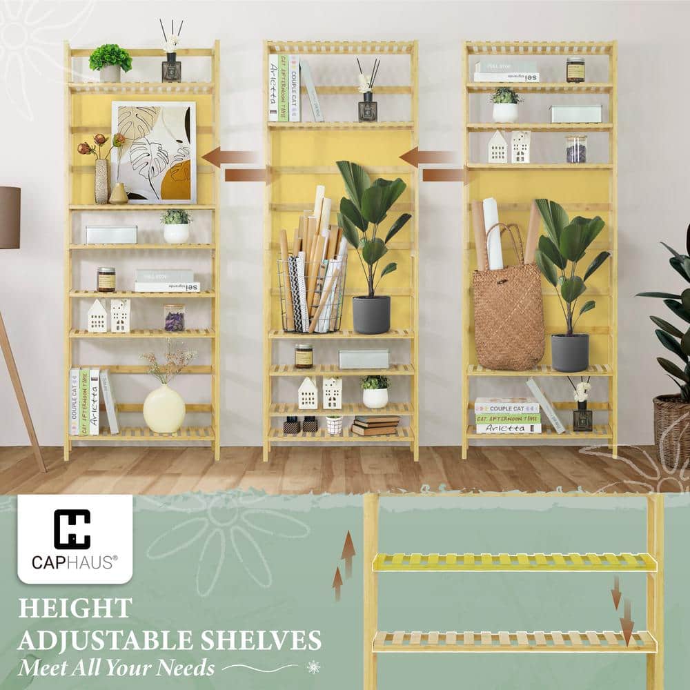 63.7 in Tall Natural Bamboo Adjustable 6-Shelf Bookcase