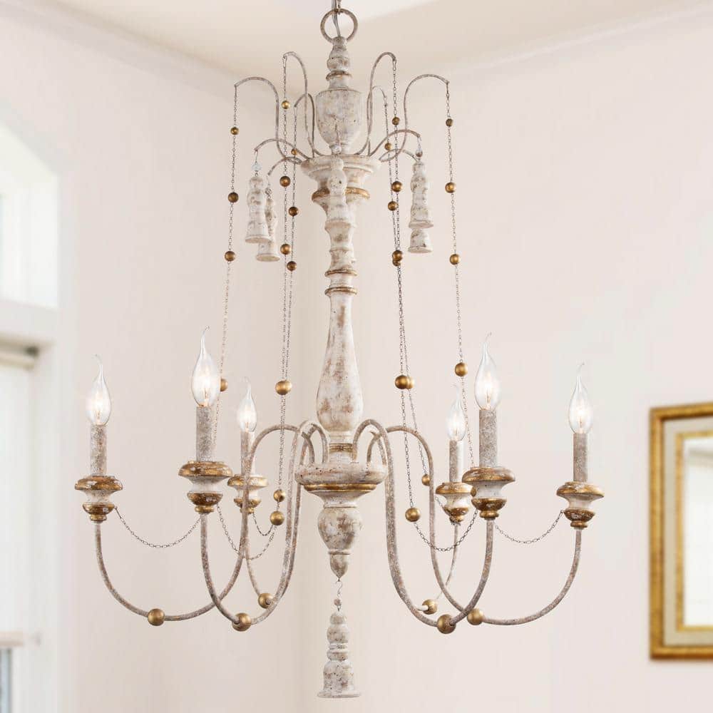 LNC Eliza Farmhouse 6-Light Dining Room White Wood Chandelier with ...