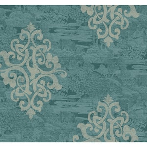 60.75 sq. ft. Aged Teal & Metallic Steel Eaton Damask Paper Unpasted Wallpaper Roll