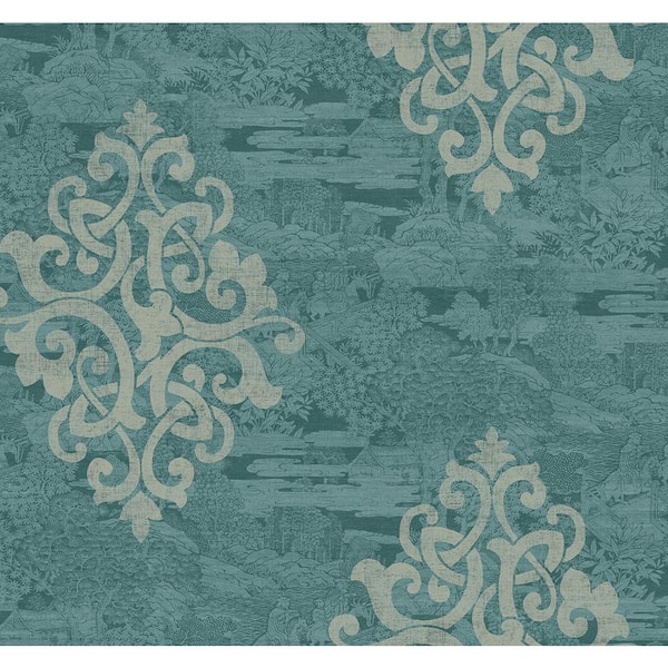 Seabrook Designs 60.75 sq. ft. Aged Teal & Metallic Steel Eaton Damask Paper Unpasted Wallpaper Roll