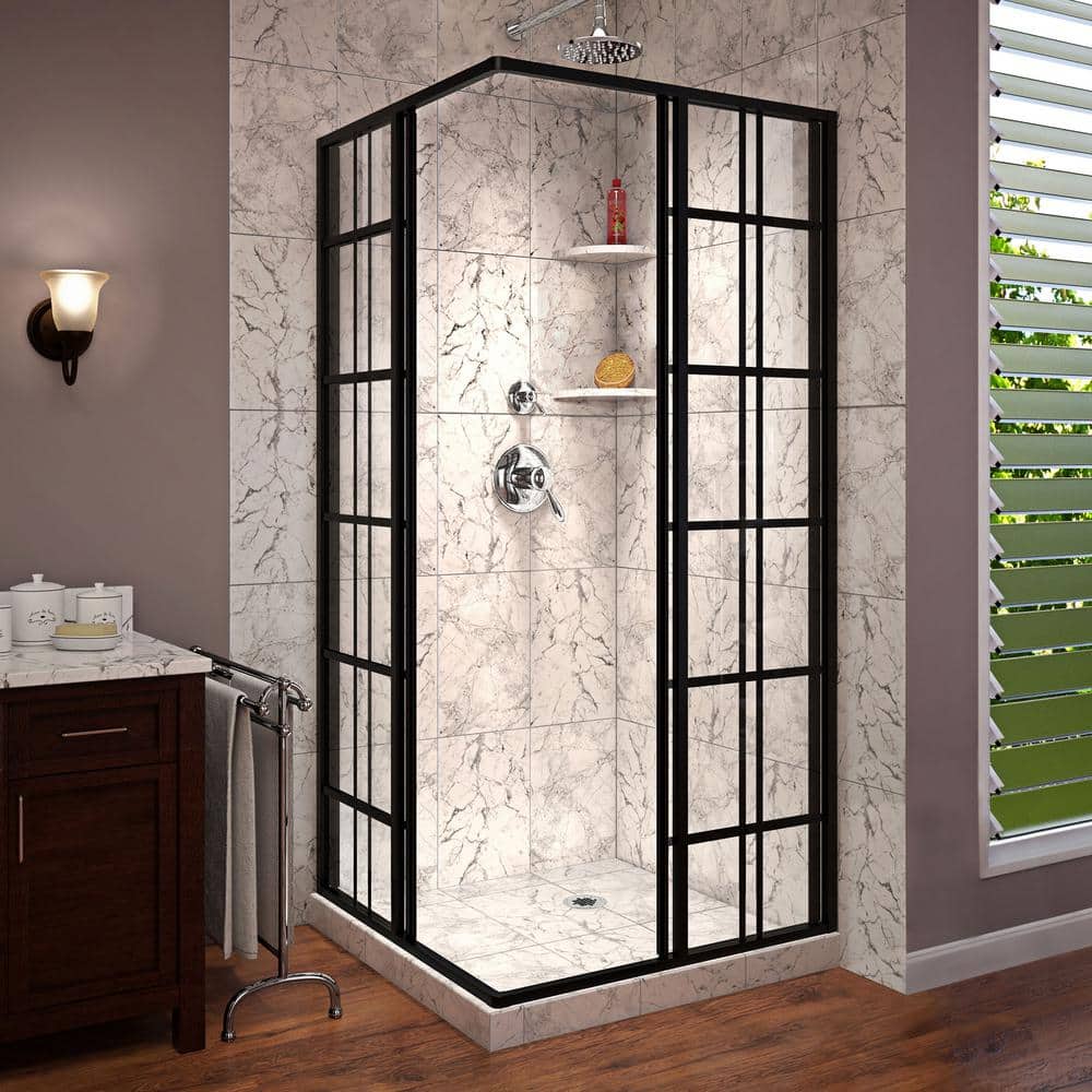 French Corner 40.5" Satin Black Framed Sliding Shower Enclosure