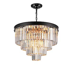 23 in. 9-Light Modern Crystal Chandelier, 4-Tier Black Luxury Adjustable Pendant Light for Living Room (Bulbs Included)