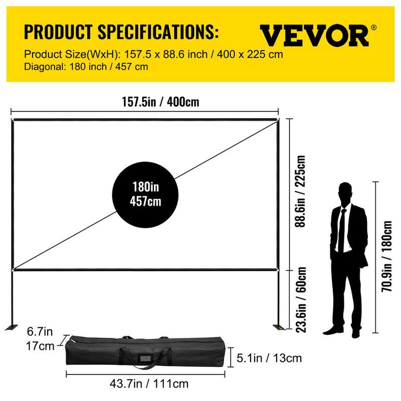 Projector Screen 180 in. Portable Movie Screen with Stand Assembly with Storage Bag Indoor Outdoor Projection Screen