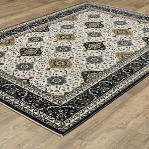 Victoria Ivory/Navy 4 ft. x 6 ft. Oriental Panel Medallion Polyester Fringed-Edge Indoor Area Rug