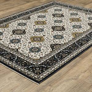 Victoria Ivory/Navy 7 ft. x 10 ft. Oriental Panel Medallion Polyester Fringed-Edge Indoor Area Rug