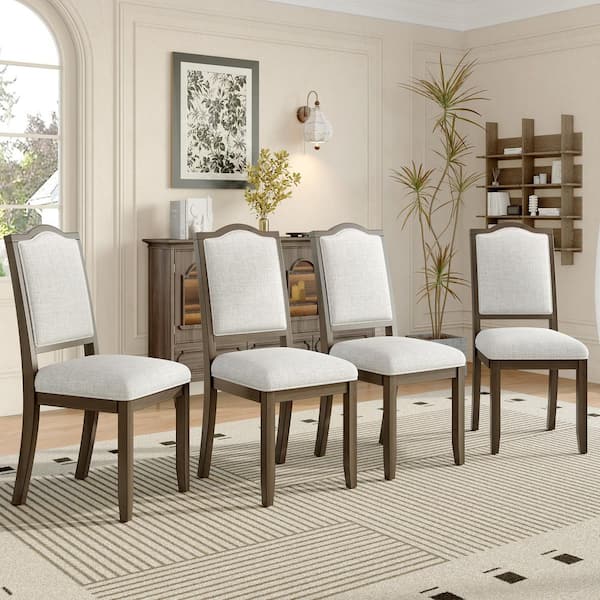 Snow Mid-Century Modern Brown and Beige Fabric Upholstered Dining Chairs with Solid Wood Legs, High Back, Set of 4