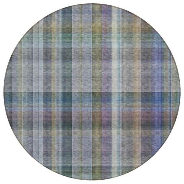 Blue, Gray, Green 8 ft. x 8 ft. Woven Plaid Polyester Round Indoor / Outdoor Area Rug
