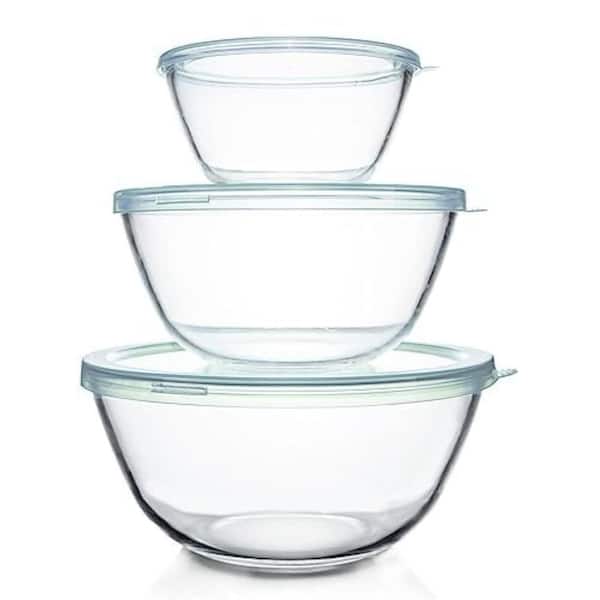 Kitchen Essential 3-Piece High Borosilicate Glass Clear Blue Mixing Bowl Set with Airtight Lids and Heat-Cold Resistance