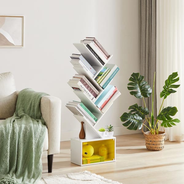 7-Tier 44.5 in. Tall White Wood 8-Shelf Tree Bookcase, Display with Storage Cabinet, Tree-Shaped Shelf Racks Organizer