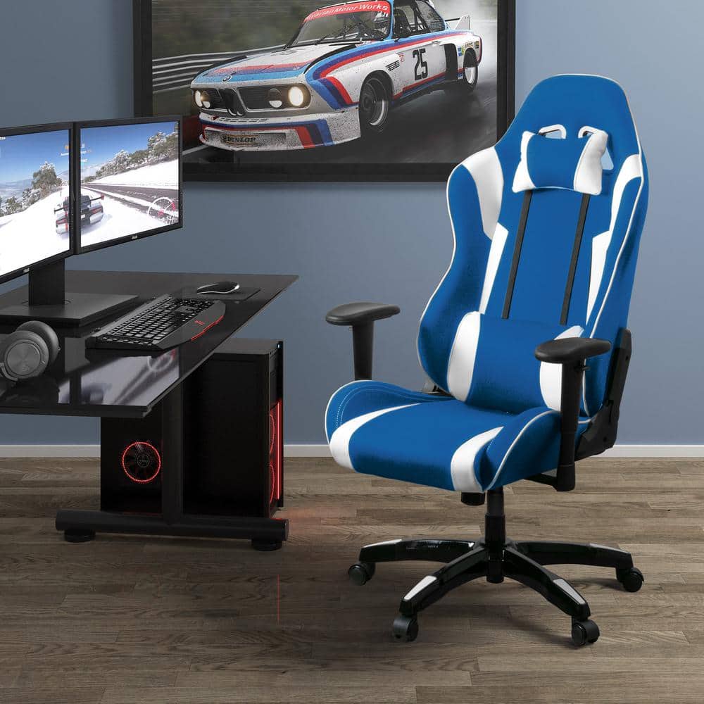 High-Performance Blue and White Ergonomic Gaming Chair with Adjustable Features