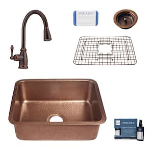 Renoir All-In-One Undermount Copper 23 in. Single Bowl Kitchen Sink with Pfister Bronze Faucet and Strainer