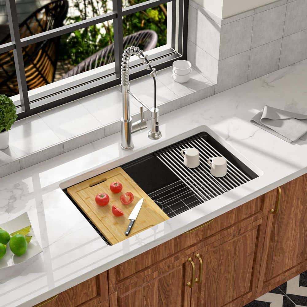 32 in. Undermount Single Bowl Matte Black Granite Composite Workstation Kitchen Sink with Cutting Board and Strainer price history on PriceWatchPro