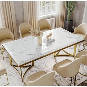 71 in. Rectangular Luxury White Marble Modern Dining Table w/Gold Stainless Legs for Kitchen and Dining Room (Seats 8)