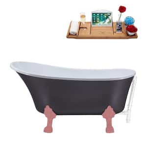 55 in. x 26.8 in. Acrylic Clawfoot Soaking Bathtub in Matte Grey with Matte Pink Clawfeet and Glossy White Drain